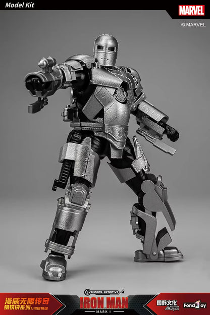 Model kit of Iron Man in a metallic suit with Marvel branding. Marvel Studios Iron Man (Hall of Armor Series: MK1 to MK7 Independent Releases & Definitive All-In Bundle) 1/12 Scale Premium Action Figures by FondJoy