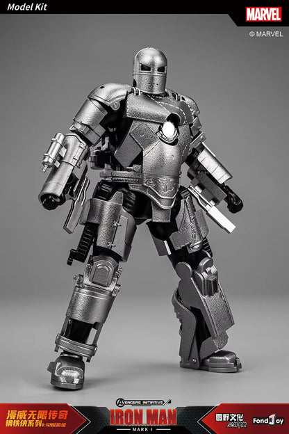 Marvel Iron Man model kit on a gray background Marvel Studios Iron Man (Hall of Armor Series: MK1 to MK7 Independent Releases & Definitive All-In Bundle) 1/12 Scale Premium Action Figures by FondJoy