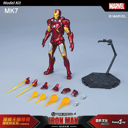 Marvel Iron Man model kit with parts and stand on a gray background Marvel Studios Iron Man (Hall of Armor Series: MK1 to MK7 Independent Releases & Definitive All-In Bundle) 1/12 Scale Premium Action Figures by FondJoy
