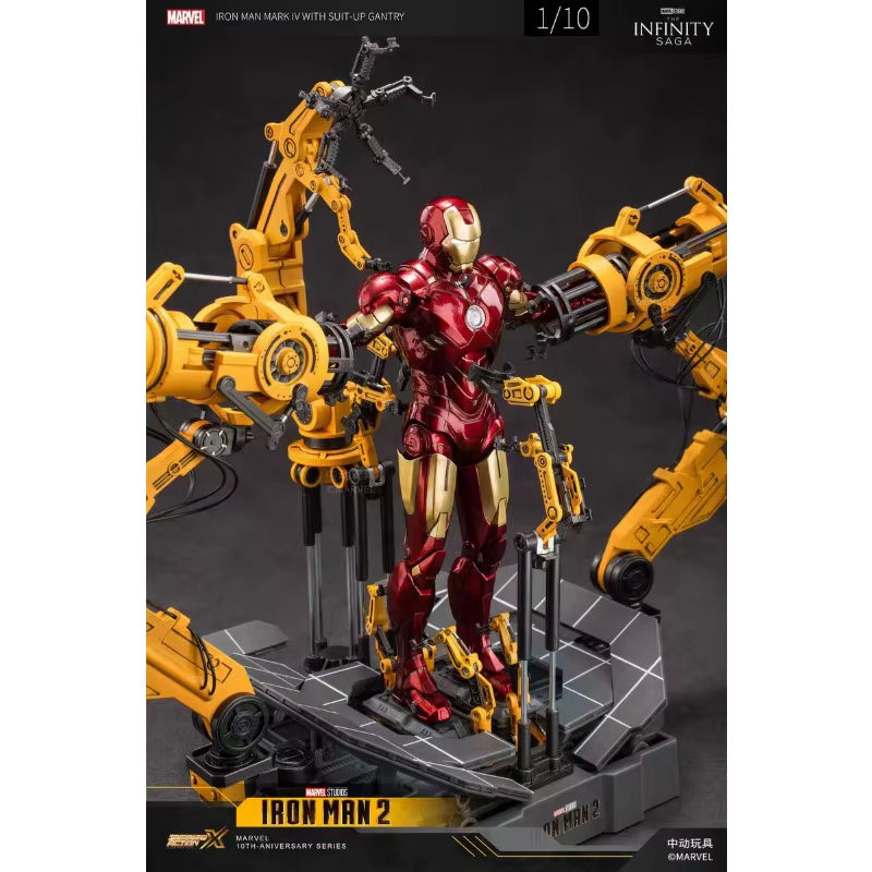 Marvel Iron Man action figure with mechanical arms on a dark background Marvel Studios Iron Man Mark IV & Interactive Suit-Up Gantry (Iron Man 2 Edition) 1/10 Scale Premium Deluxe Box Set by ZD Toys