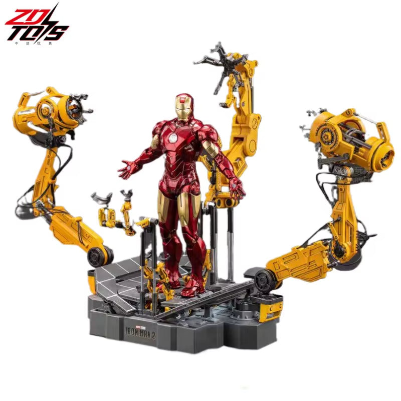 Toy figure of Iron Man with mechanical arms on a white background, featuring the ZD Toys logo. Marvel Studios Iron Man Mark IV & Interactive Suit-Up Gantry (Iron Man 2 Edition) 1/10 Scale Premium Deluxe Box Set by ZD Toys