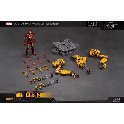 Marvel Iron Man Mark IV action figure with suit-up gantry on a gray background Marvel Studios Iron Man Mark IV & Interactive Suit-Up Gantry (Iron Man 2 Edition) 1/10 Scale Premium Deluxe Box Set by ZD Toys