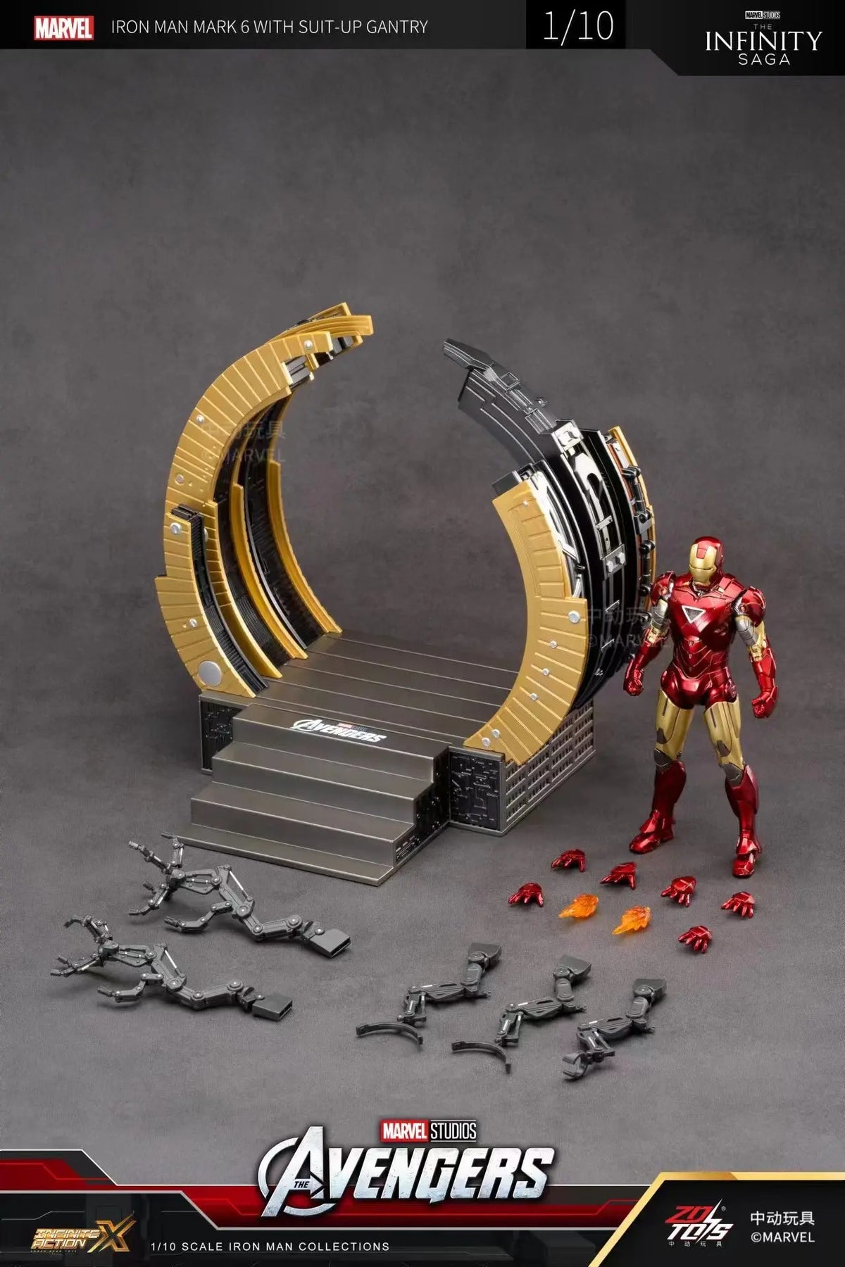 Marvel Iron Man figure with suit-up gantry and parts on a gray background Marvel Studios Iron Man Mark VI & Interactive Suit-Up Gantry (The Avengers / Iron Man 2 Edition) 1/10 Scale Premium Deluxe Box Set by ZD Toys