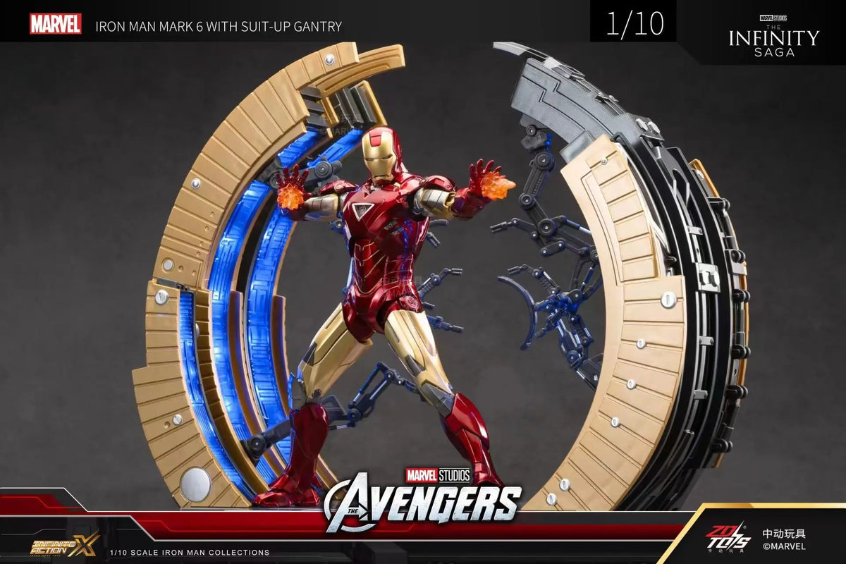 Marvel Iron Man figure with suit-up gantry on a dark background Marvel Studios Iron Man Mark VI & Interactive Suit-Up Gantry (The Avengers / Iron Man 2 Edition) 1/10 Scale Premium Deluxe Box Set by ZD Toys