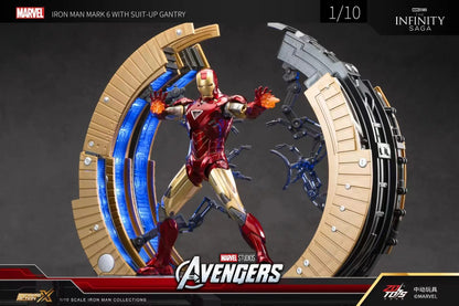 Marvel Iron Man figure with suit-up gantry on a dark background Marvel Studios Iron Man Mark VI & Interactive Suit-Up Gantry (The Avengers / Iron Man 2 Edition) 1/10 Scale Premium Deluxe Box Set by ZD Toys