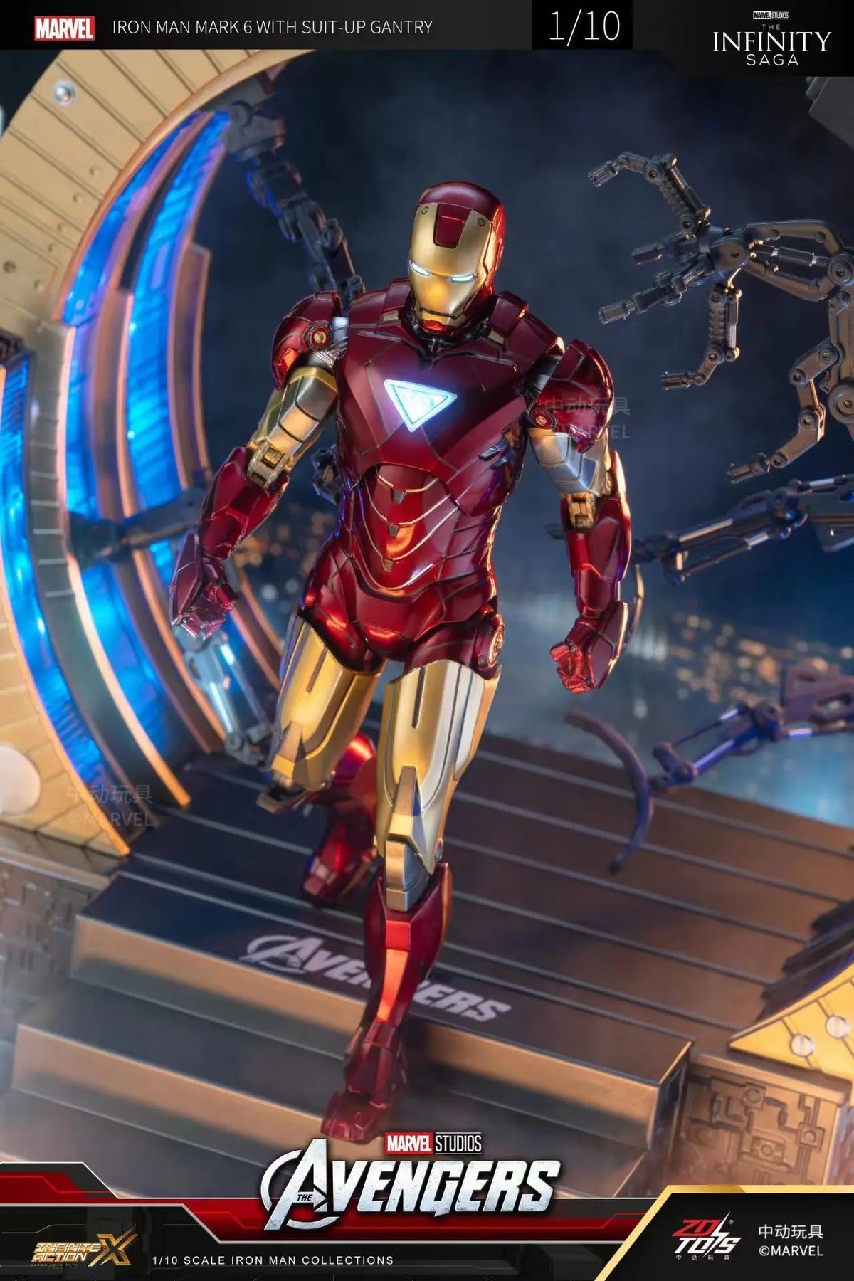 Marvel Iron Man figure with suit-up gantry in a dynamic pose on a dark background Marvel Studios Iron Man Mark VI & Interactive Suit-Up Gantry (The Avengers / Iron Man 2 Edition) 1/10 Scale Premium Deluxe Box Set by ZD Toys 