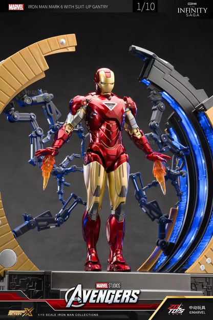 Marvel Iron Man figure with suit-up gantry on a dark background Marvel Studios Iron Man Mark VI & Interactive Suit-Up Gantry (The Avengers / Iron Man 2 Edition) 1/10 Scale Premium Deluxe Box Set by ZD Toys