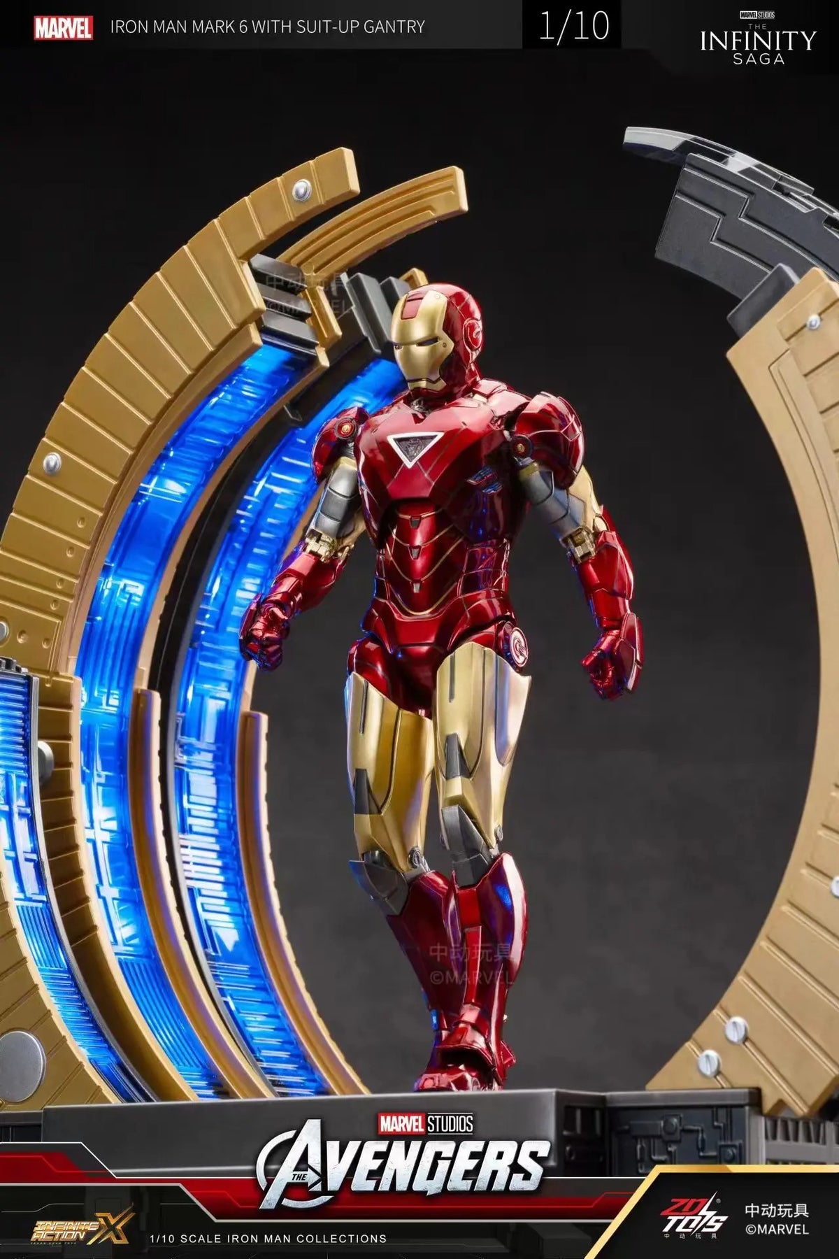 Marvel Iron Man figure with suit-up gantry on a dark background Marvel Studios Iron Man Mark VI & Interactive Suit-Up Gantry (The Avengers / Iron Man 2 Edition) 1/10 Scale Premium Deluxe Box Set by ZD Toys