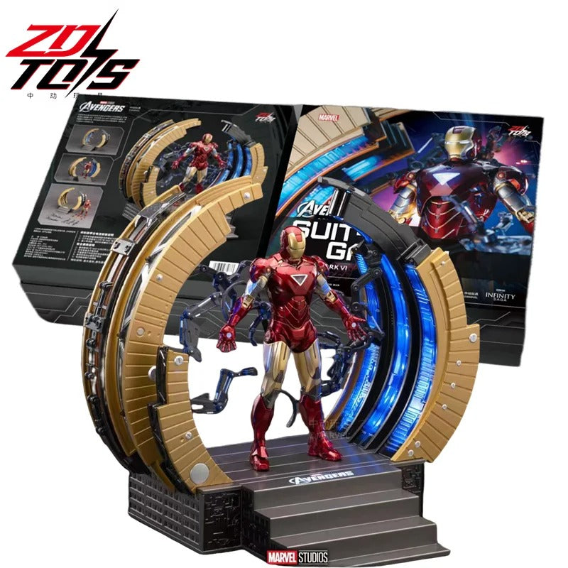 Marvel Iron Man figure on a circular display stand with ZD Toys branding. Marvel Studios Iron Man Mark VI & Interactive Suit-Up Gantry (The Avengers / Iron Man 2 Edition) 1/10 Scale Premium Deluxe Box Set by ZD Toys