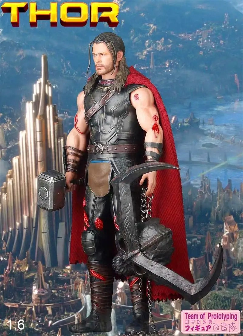 Thor action figure with red cape and hammer against a cityscape background Marvel Thor: Ragnarok (Surtur's Skull Edition) 1/6 Scale Premium Figure by Crazy Toys