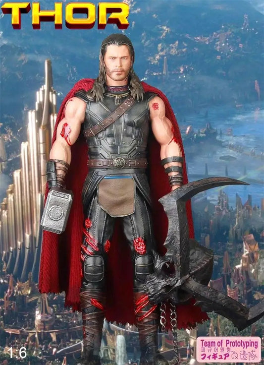 Thor action figure with red cape and hammer against a cityscape background Marvel Thor: Ragnarok (Surtur's Skull Edition) 1/6 Scale Premium Figure by Crazy Toys
