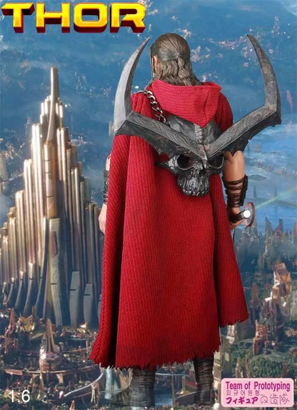 Thor figure with red cape and hammer against a futuristic cityscape Marvel Thor: Ragnarok (Surtur's Skull Edition) 1/6 Scale Premium Figure by Crazy Toys