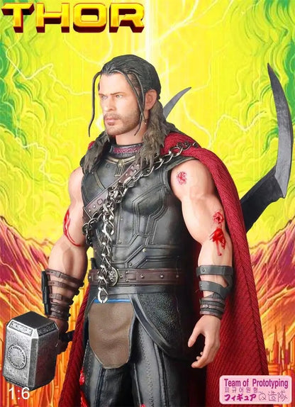 Thor action figure with red cape and hammer against a colorful background Marvel Thor: Ragnarok (Surtur's Skull Edition) 1/6 Scale Premium Figure by Crazy Toys