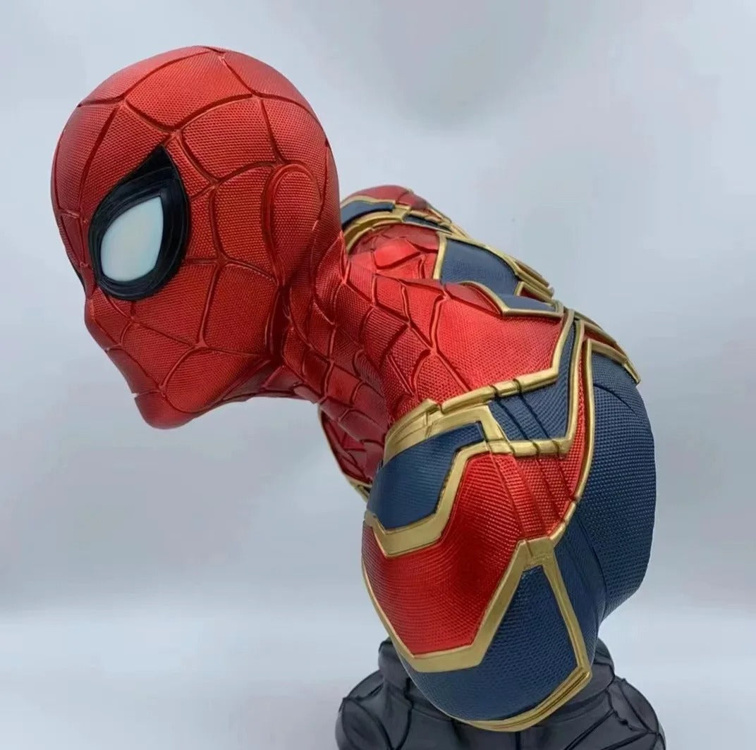 Spider-Man figure with red, blue, and gold suit on a white background Marvel Universe Spider-Man 1:1 Life-Size Premium Portrait Bust