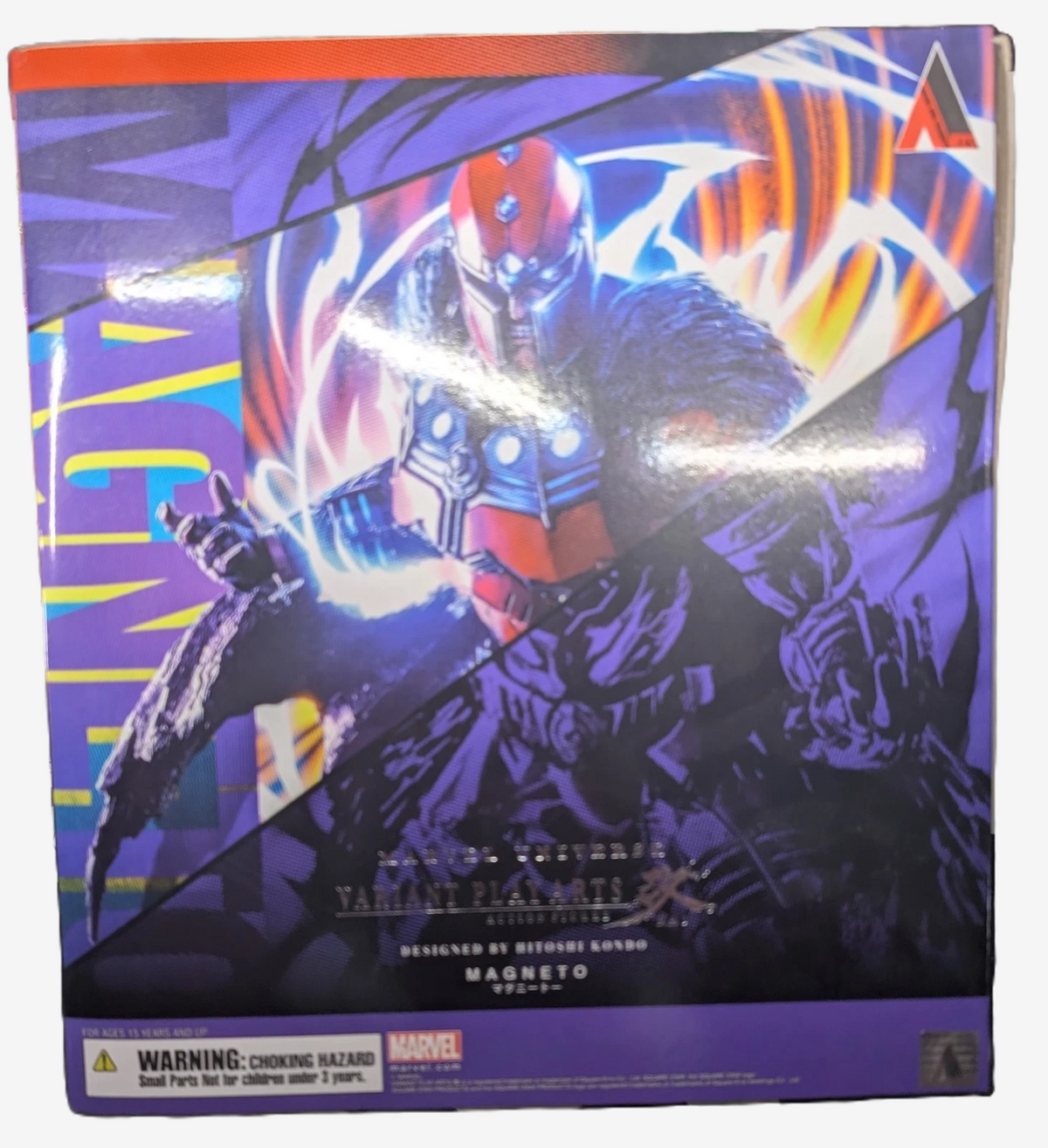 Product packaging featuring a superhero character with vibrant colors and dynamic pose. Marvel Universe Variant Play Arts Kai: Magneto 26cm Premium Action Figure by Square Enix