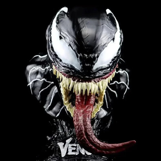 Venom character with red tongue and white fangs on a black background Marvel Universe Venom 1:1 Scale Life-Size Premium Resin Collectible Bust
