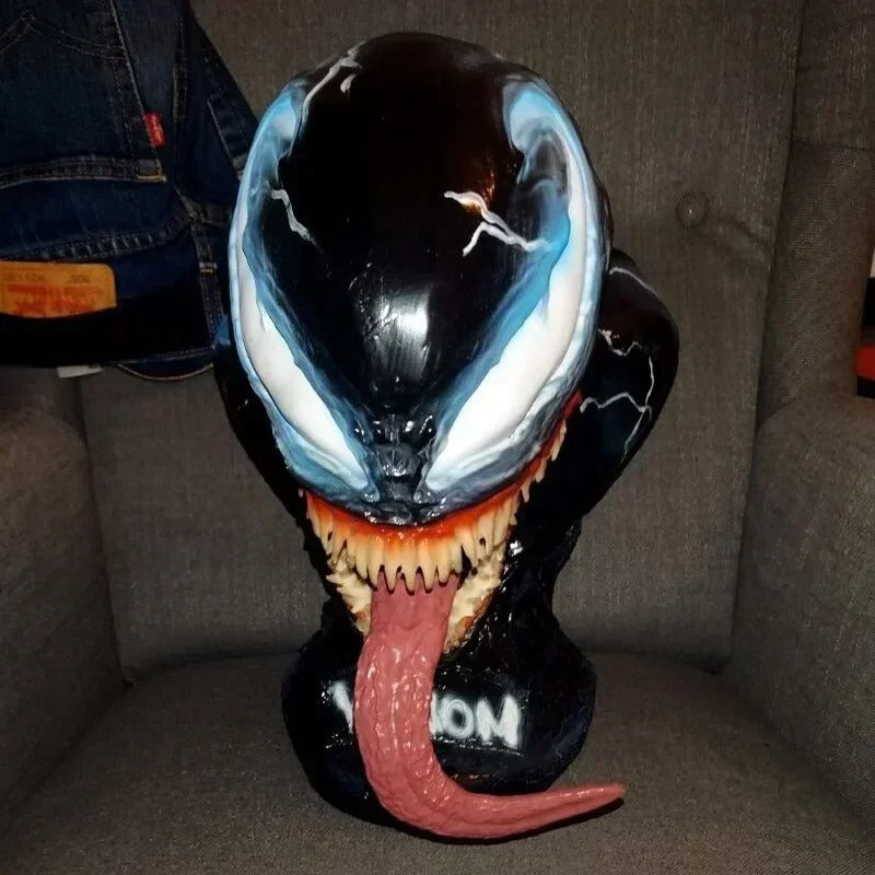 Venom bust figure on a stand with a person wearing jeans in the background Marvel Universe Venom 1:1 Scale Life-Size Premium Resin Collectible Bust