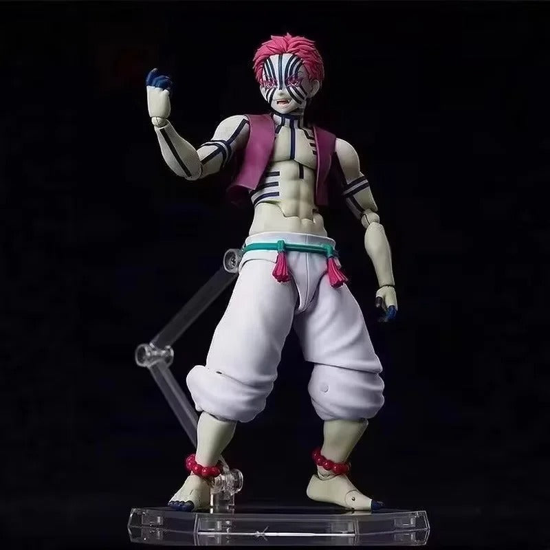 Action figure with pink hair and white outfit on a black background Max Factory figma Demon Slayer: Kimetsu no Yaiba: Akaza Authentic Premium Articulated Action Figure – Upper Rank Three