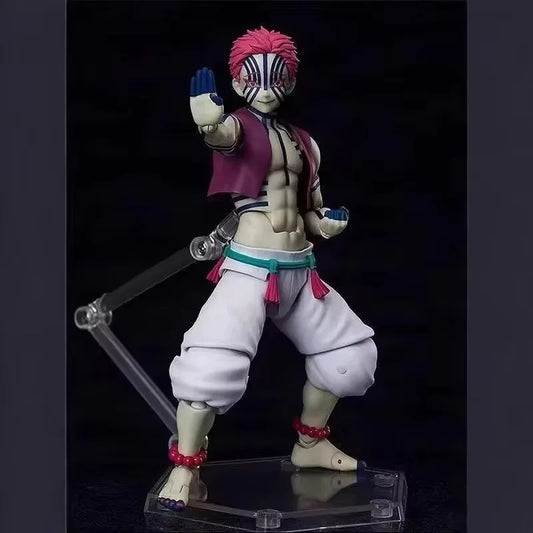 Action figure with pink hair and white outfit on a black background Max Factory figma Demon Slayer: Kimetsu no Yaiba: Akaza Authentic Premium Articulated Action Figure – Upper Rank Three