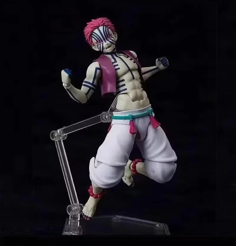Action figure with zebra-striped hair and white outfit on a black background Max Factory figma Demon Slayer: Kimetsu no Yaiba: Akaza Authentic Premium Articulated Action Figure – Upper Rank Three
