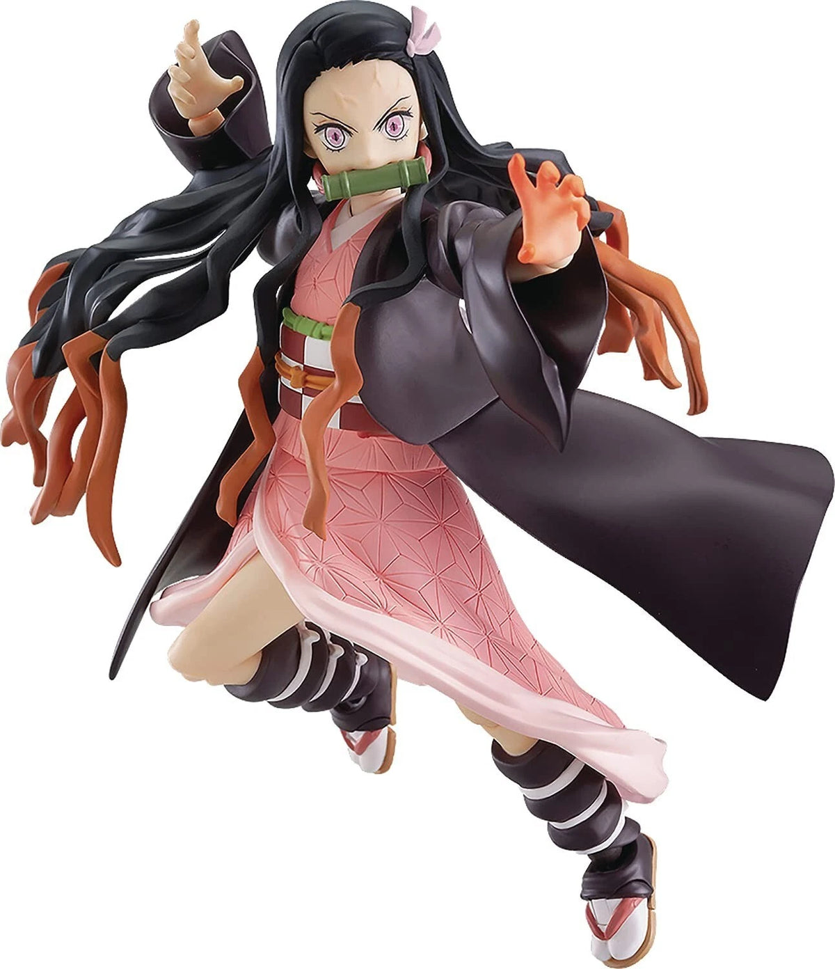 Action figure of an anime character with long black hair and a pink outfit on a white background Max Factory figma Demon Slayer: Kimetsu no Yaiba: Nezuko Kamado Authentic Premium Action Figure – Deluxe DX Edition