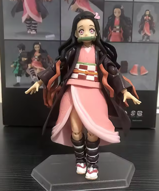 Anime character figurine with long black hair and pink outfit on a stand. Max Factory figma Demon Slayer: Kimetsu no Yaiba: Nezuko Kamado Authentic Premium Action Figure – Deluxe DX Edition