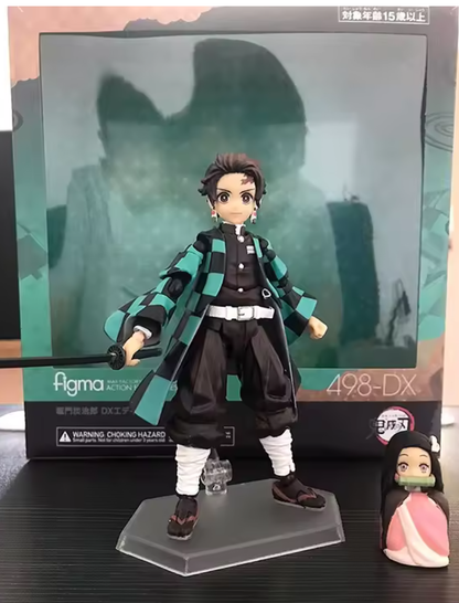 Action figure with packaging in the background Max Factory figma Demon Slayer: Kimetsu no Yaiba: Tanjiro Kamado Authentic Premium Articulated Action Figure – Deluxe DX Edition