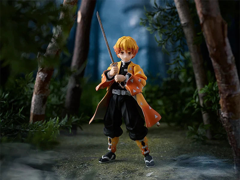 Action figure of a character in a fantasy setting with trees and foliage. Max Factory figma Demon Slayer: Kimetsu no Yaiba: Zenitsu Agatsuma Authentic Premium Action Figure – Deluxe DX Edition