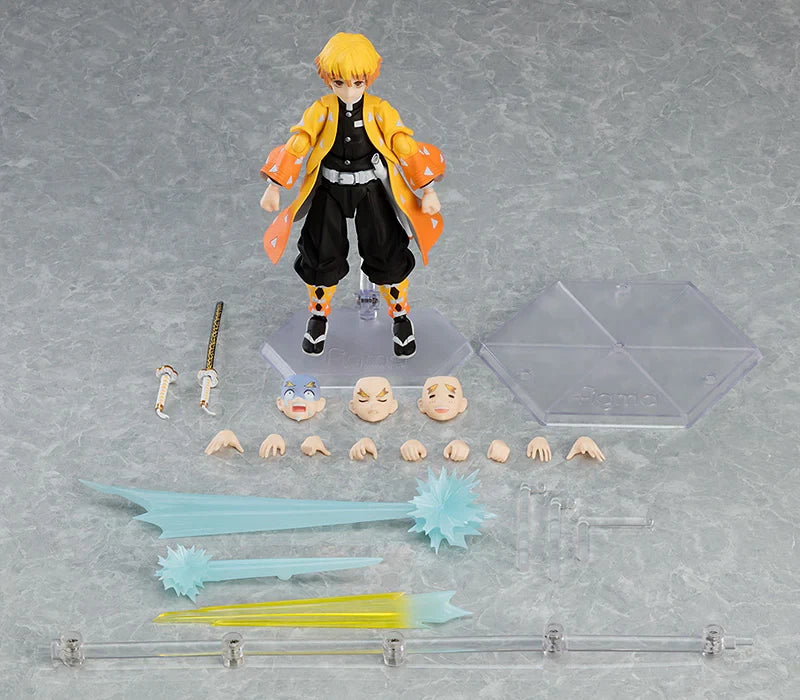 Action figure with interchangeable parts on a gray background Max Factory figma Demon Slayer: Kimetsu no Yaiba: Zenitsu Agatsuma Authentic Premium Action Figure – Deluxe DX Edition