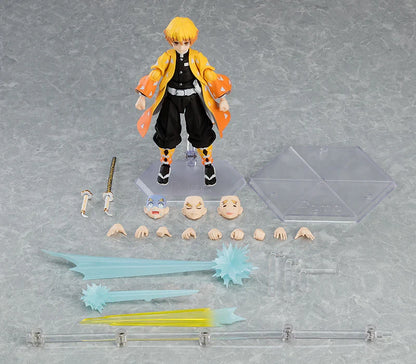 Action figure with interchangeable parts on a gray background Max Factory figma Demon Slayer: Kimetsu no Yaiba: Zenitsu Agatsuma Authentic Premium Action Figure – Deluxe DX Edition