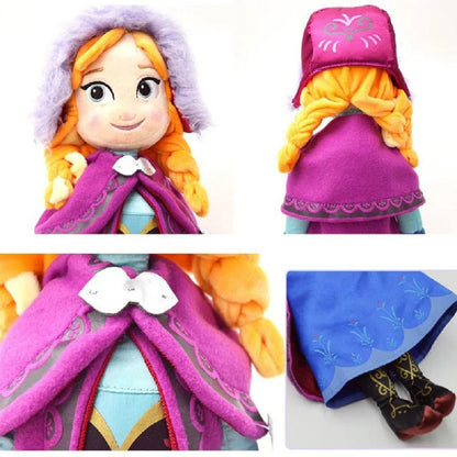 Collage of a toy figure with a purple hood and cloak, featuring braided hair and a blue dress. Official Disney Frozen Princess Anna Premium Cotton Plush by Titantoons – Available in 16-Inch & 20-Inch