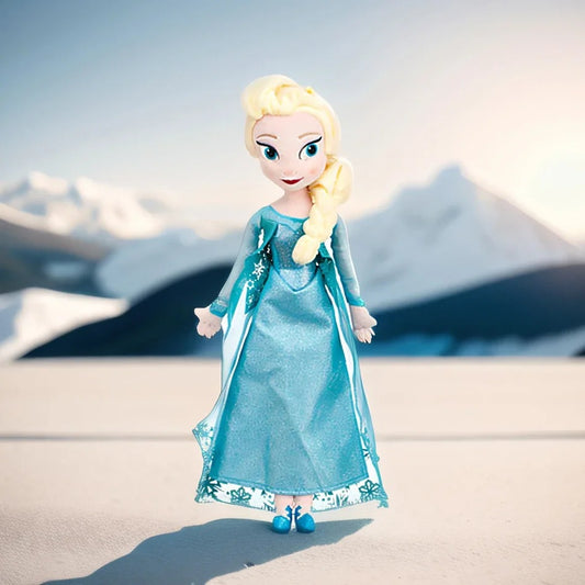 Toy figure of a character in a blue dress with mountains in the background Official Disney Frozen Queen Elsa Premium Cotton Plush by Titantoons – Available in 16-Inch & 20-Inch