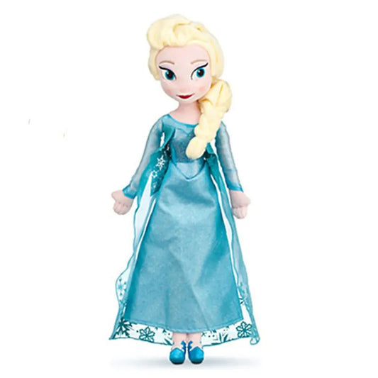 Toy doll in a blue dress with snowflake details on a white background Official Disney Frozen Queen Elsa Premium Cotton Plush by Titantoons – Available in 16-Inch & 20-Inch
