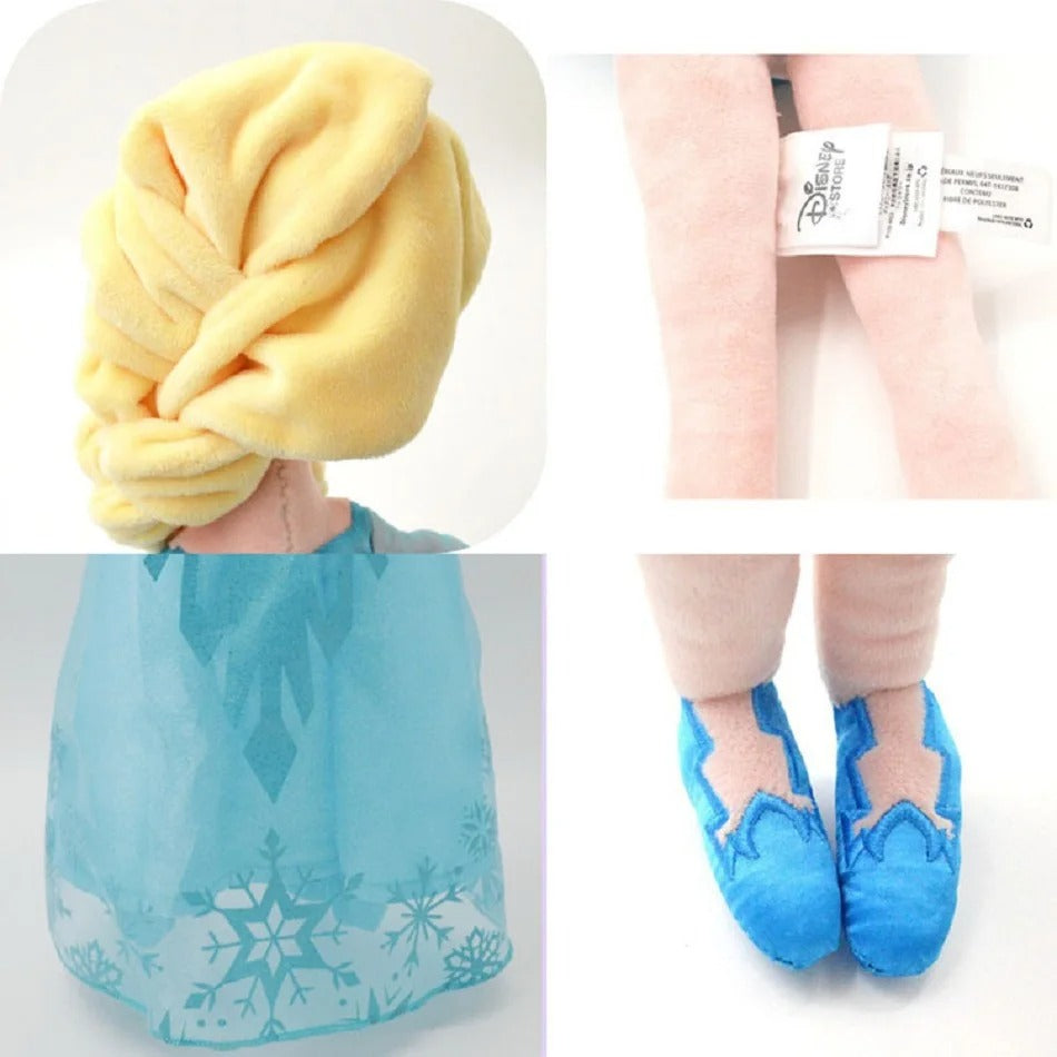 Collage of a yellow towel, a blue bag with snowflake design, and blue shoes. Official Disney Frozen Queen Elsa Premium Cotton Plush by Titantoons – Available in 16-Inch & 20-Inch
