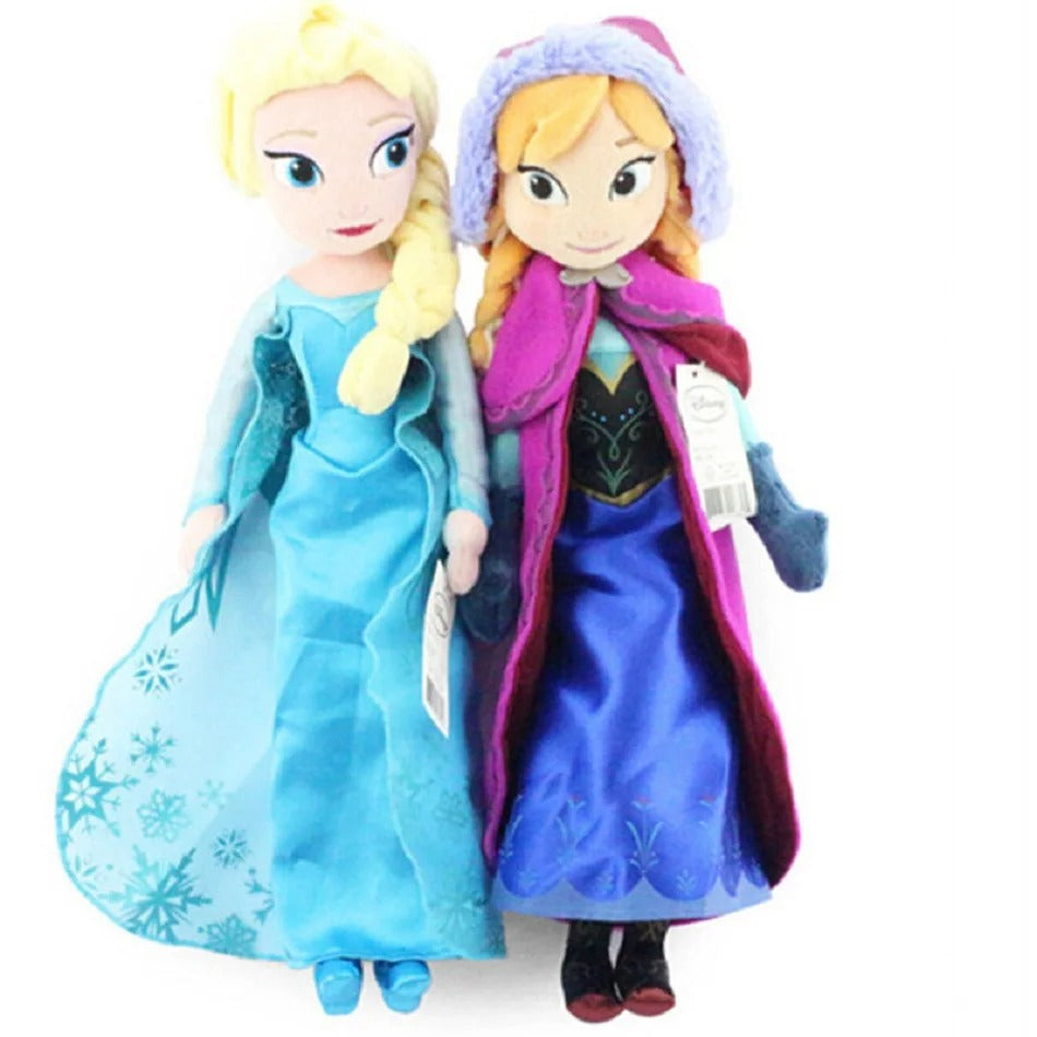 Two dolls resembling characters from a popular animated movie on a white background Official Disney Frozen Queen Elsa Premium Cotton Plush by Titantoons – Available in 16-Inch & 20-Inch