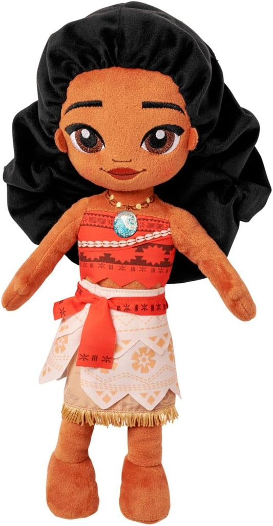Plush toy of a character from Moana with a black headscarf on a white background Official Disney Moana Wayfinder Princess – 14-Inch Premium Cotton Plush by Titantoons