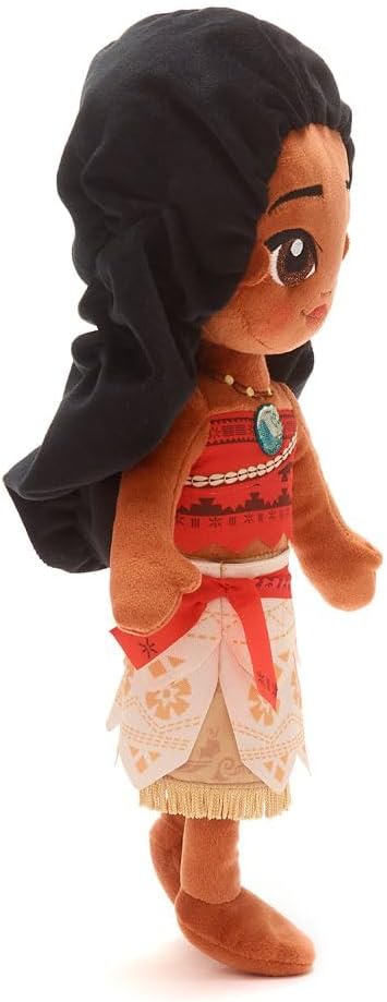 Plush toy of a character from Disney's Moana with a black headscarf, red top, and white skirt. Official Disney Moana Wayfinder Princess – 14-Inch Premium Cotton Plush by Titantoons