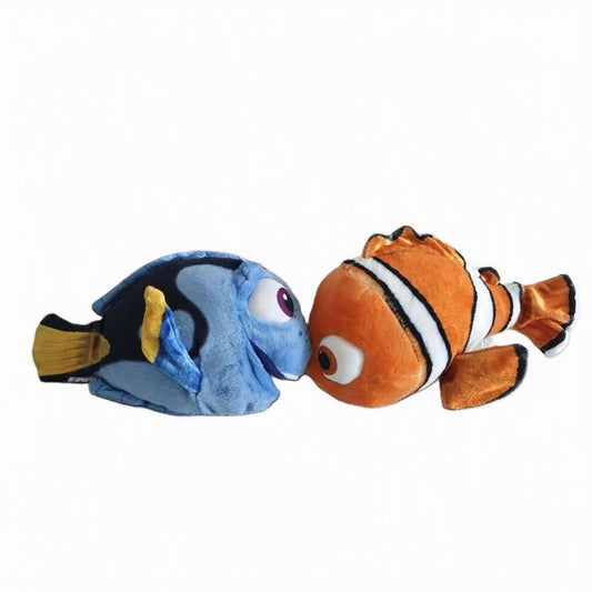 A plush toy featuring two cartoon fish, one blue with yellow accents and one orange with white stripes, shown against a plain white background. Official Finding Nemo & Dory Premium Best Friends Plush by Titantoons