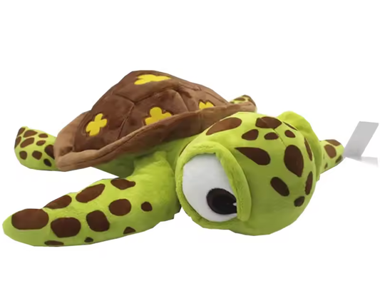 A plush sea turtle toy with a bright green body, dark brown spots, a brown shell with yellow flower accents, and a large cartoon eye, shown on a plain white background. Official Finding Nemo Sea Turtle Premium Cotton Plush by Titantoons