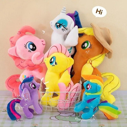 Collection of colorful plush toy ponies in a basket on a beige background Official My Little Pony Twilight Sparkle Premium Cotton Plush by Titantoons – Available in 8-Inch to 20-Inch