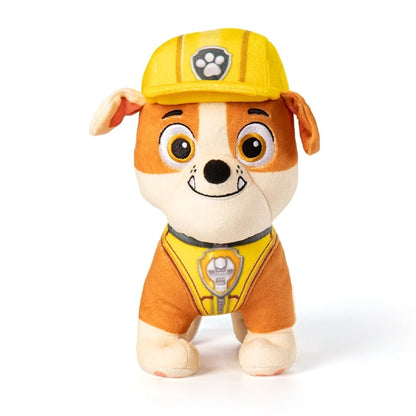 Plush toy dog in a yellow fire helmet and uniform on a white background Official PAW Patrol Cozy Bedtime 6-Pack Bundle – Classic Everyday Edition Premium Cotton Plush Set by Titantoons 