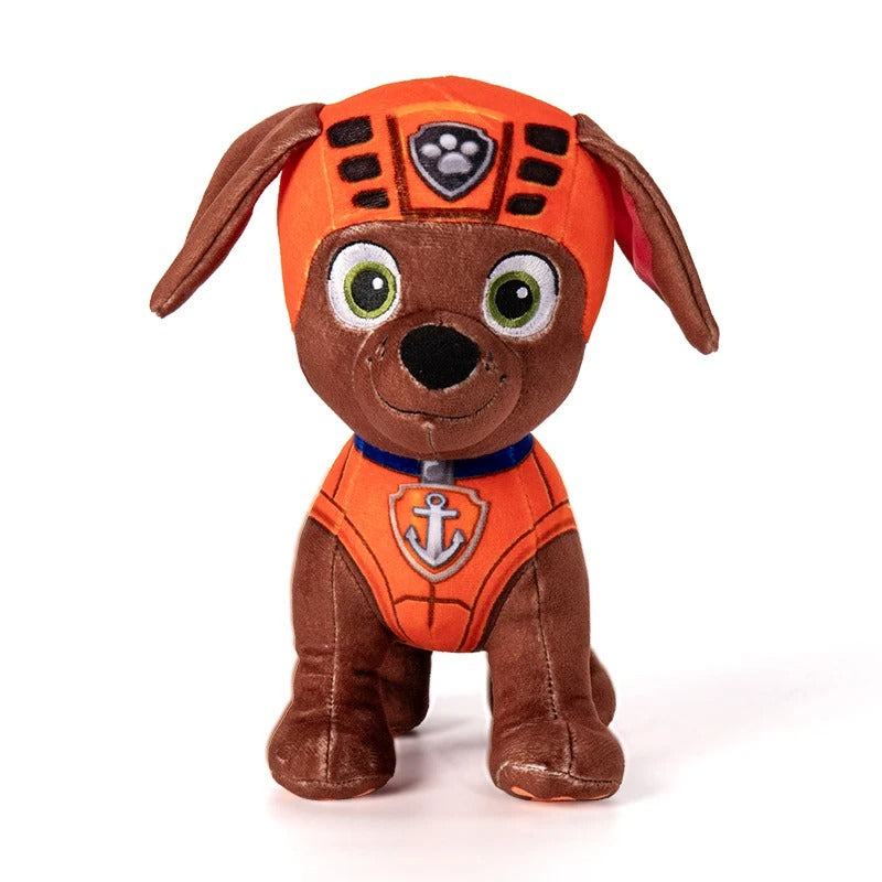 Plush toy dog in an orange outfit with a helmet on a white background Official PAW Patrol Cozy Bedtime 6-Pack Bundle – Classic Everyday Edition Premium Cotton Plush Set by Titantoons