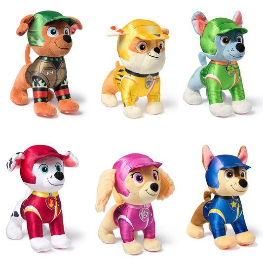 Set of six plush toys in colorful costumes on a white background Official PAW Patrol Ultimate Rescue Squad 6-Pack Bundle – Uniform Edition Premium Cotton Plush Set by Titantoons