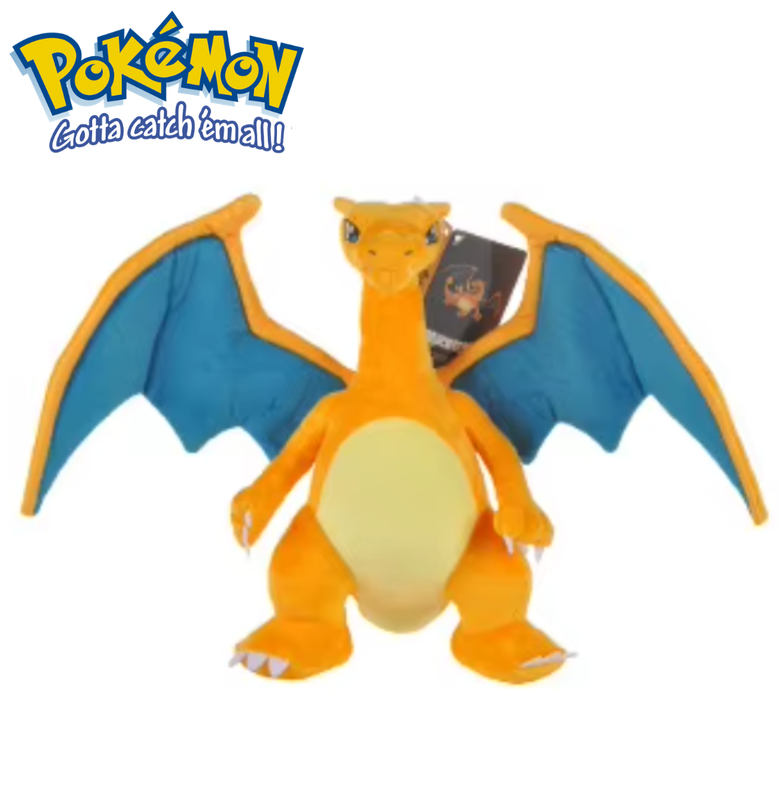 Plush toy of Charizard with 'Pokémon' logo and tag on a white background Official Pokémon Charizard Premium Cotton Plush by Titantoons – 11-Inch