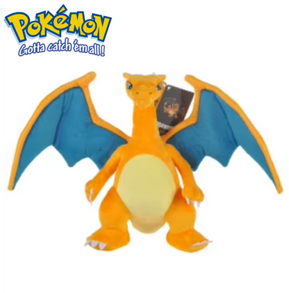 Plush toy of Charizard with 'Pokémon' logo and tag on a white background Official Pokémon Charizard Premium Cotton Plush by Titantoons – 11-Inch
