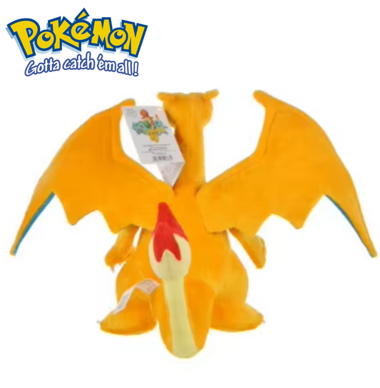 Plush toy of a dragon-like creature with a Pokémon logo on a white background Official Pokémon Charizard Premium Cotton Plush by Titantoons – 11-Inch
