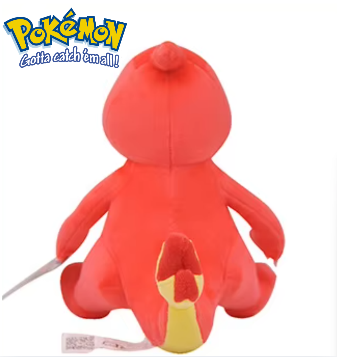 Red plush toy with a yellow button, featuring the Pokémon logo. Official Pokémon Charmeleon Premium Cotton Plush by Titantoons – 8-Inch