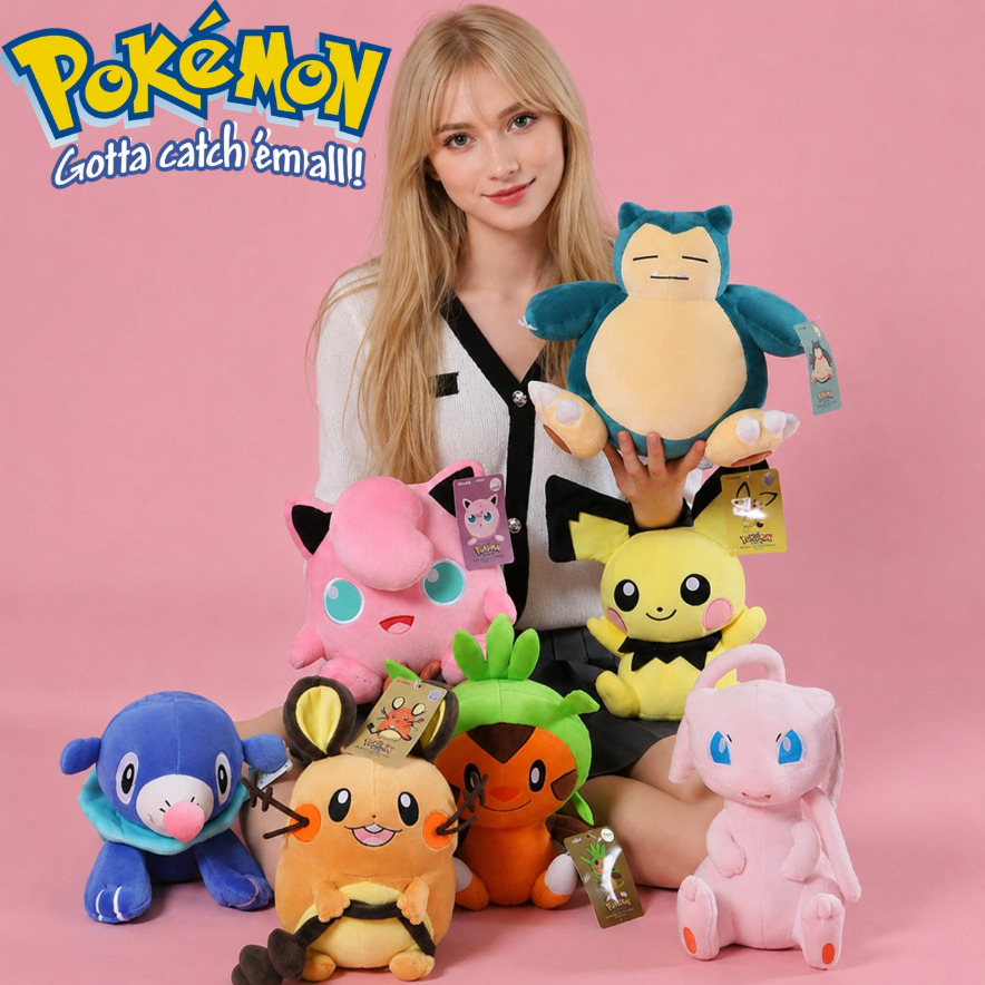 Woman holding a collection of Pokémon plush toys against a pink background with the Pokémon logo. Official Pokémon Dedenne Premium Cotton Plush by Titantoons – 10-Inch