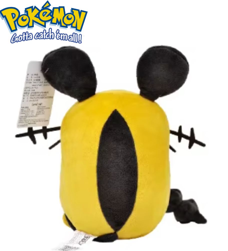 Plush toy resembling a bee with black and yellow colors on a white background, featuring the Pokémon logo. Official Pokémon Dedenne Premium Cotton Plush by Titantoons – 10-Inch