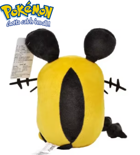 Plush toy resembling a bee with black and yellow colors on a white background, featuring the Pokémon logo. Official Pokémon Dedenne Premium Cotton Plush by Titantoons – 10-Inch